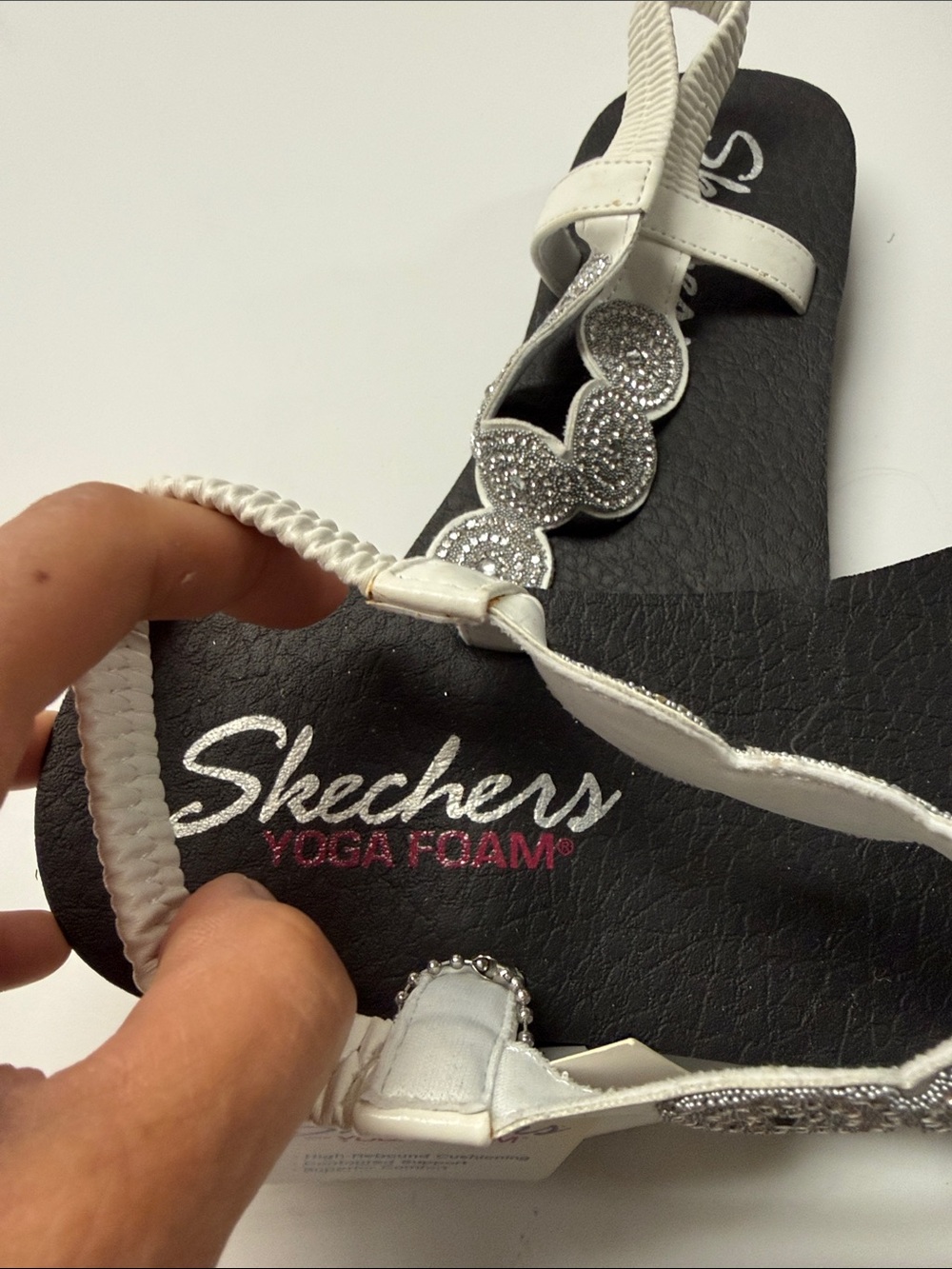 Skechers Black Footbed Silver Glitter T-Strap Slingback Sandals - Picture 2 of 5